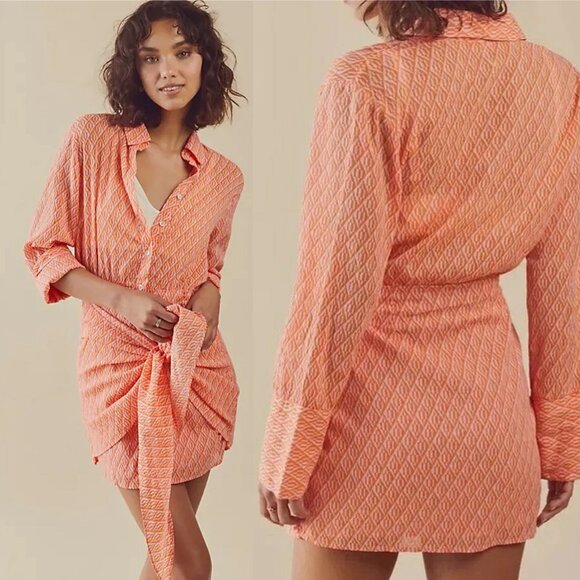 🆕 Free People | Rillo Orange Long Sleeve Mini Shirt Dress | S - Picture 1 of 16